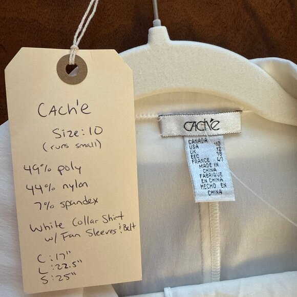 VTG Cache White Ruffle Fan Sleeve Button-Down Shirt w/ Waist Bow Tie Belt Sz 10 - Picture 6 of 6